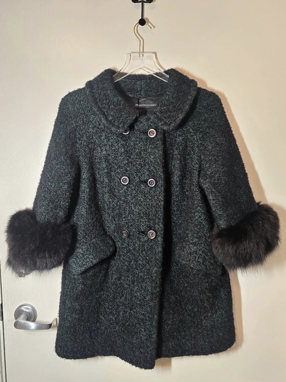 Basck Style 30182 Fur Cuff Pea Coat in Green/ Black, Size M